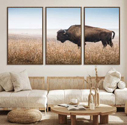 99620201-MGV-CV-36X24-Wild Bison Wall Art Canvas Print, Framed Bison in Prairie Art Picture Print, Rustic Western Perfect Rustic Western Decor Artwork