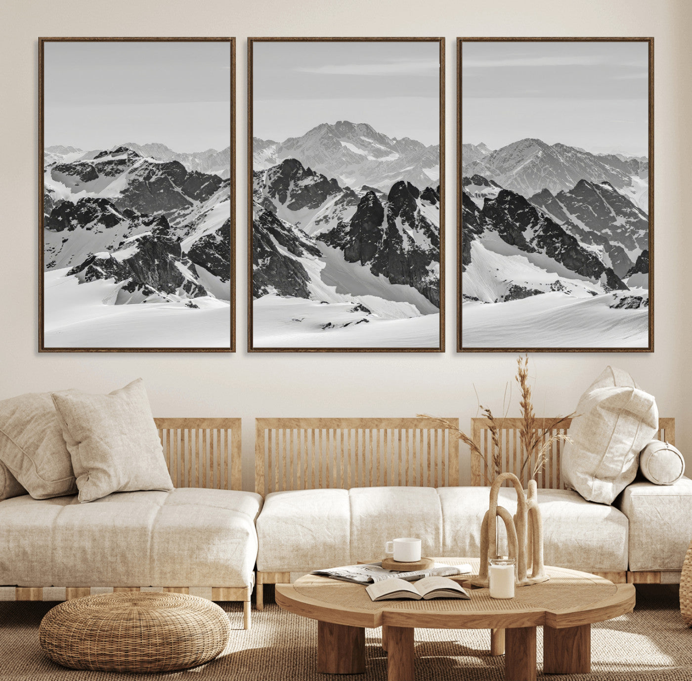 32399691-MGV-FC-60X30-3P_Walnut-Snowy Mountain Wall Art Canvas Print, Framed Mountain Peaks Art Picture Print, Alpine Mountains Perfect Minimalist Alpine Decor