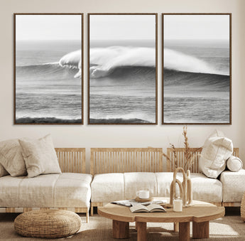 42544082-MGV-CV-36X24-Monochrome Seascape Wall Art Canvas Print, Framed Surf Wave Art Picture Print, Minimalist Ocean Perfect Moody Coastal Decor