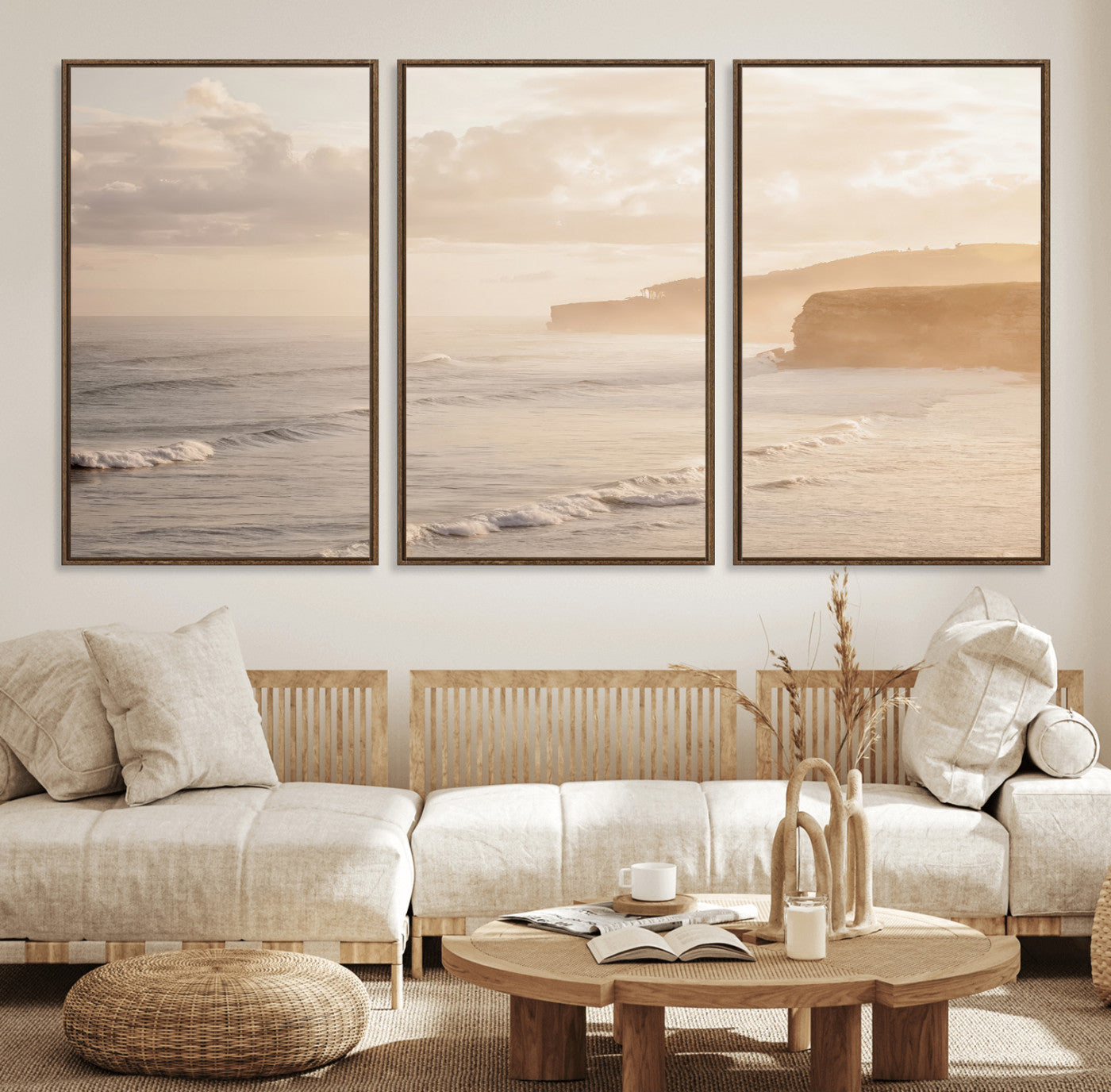 57669769-MGV-CV-36X24-Misty Coastal Wall Art Canvas Print, Framed Golden Sunset Art Picture Print, Serene Shoreline Perfect Tranquil Coastal Decor