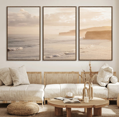 57669769-MGV-CV-36X24-Misty Coastal Wall Art Canvas Print, Framed Golden Sunset Art Picture Print, Serene Shoreline Perfect Tranquil Coastal Decor