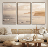 57669769-MGV-FC-60X30-3P_Walnut-Misty Coastal Wall Art Canvas Print, Framed Golden Sunset Art Picture Print, Serene Shoreline Perfect Tranquil Coastal Decor