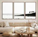 40875891-MGV-CV-36X24-SurferCliffs Wall Art Canvas Print, Framed Black White Beach Art Picture Print, Ocean Waves Perfect Minimalist Coastal Decor