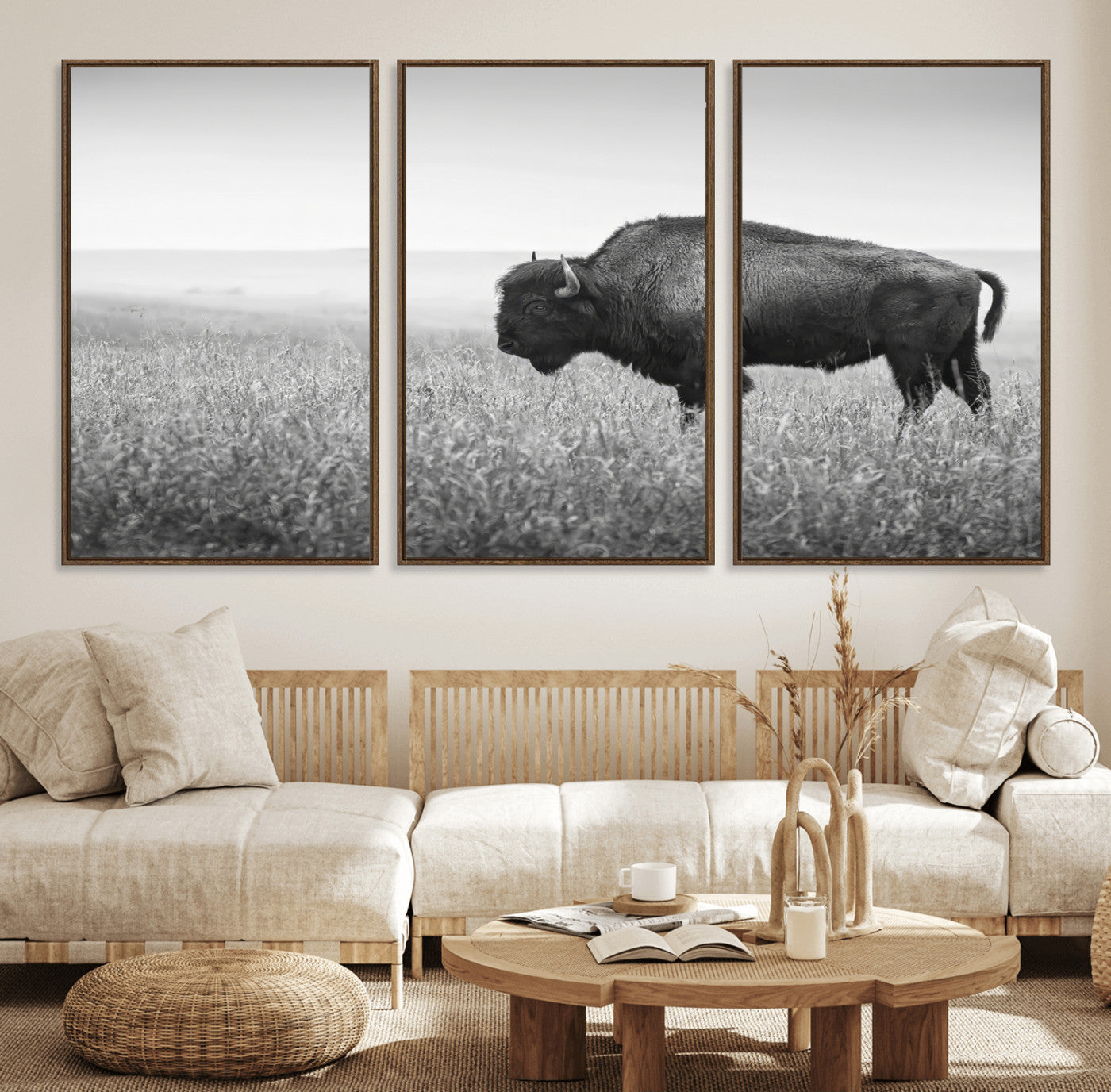 28435251-MGV-CV-36X24-Bison In Prairie Wall Art Canvas Print, Framed Rustic Wildlife Art Picture Print, Wild Buffalo Perfect Rustic Western Decor