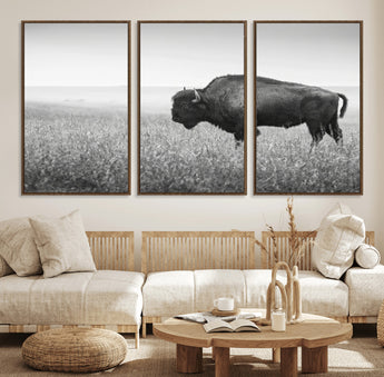 28435251-MGV-FC-60X30-3P_Walnut-Bison In Prairie Wall Art Canvas Print, Framed Rustic Wildlife Art Picture Print, Wild Buffalo Perfect Rustic Western Decor