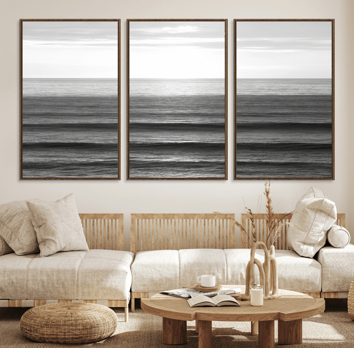 47305203-MGV-FC-60X30-3P_Walnut-Monochrome Ocean Wall Art Canvas Print, Framed Moody Ocean Art Picture Print, Calm Ocean Perfect Minimalist Coastal Decor Artwork