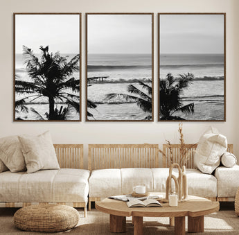 17508038-MGV-FC-60X30-3P_Walnut-Tropical Coastline Wall Art Canvas Print, Framed Palm Trees Art Picture Print, Ocean Waves Perfect Minimalist Coastal Decor