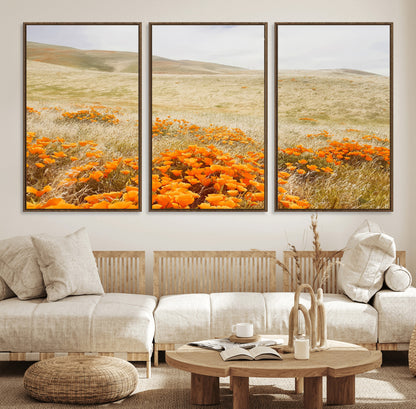 28972262-MGV-CV-36X24-Golden Wildflowers Wall Art Canvas Print, Framed Hills Bloom Art Picture Print, Poppy Meadow Perfect Rustic Nature Decor Artwork