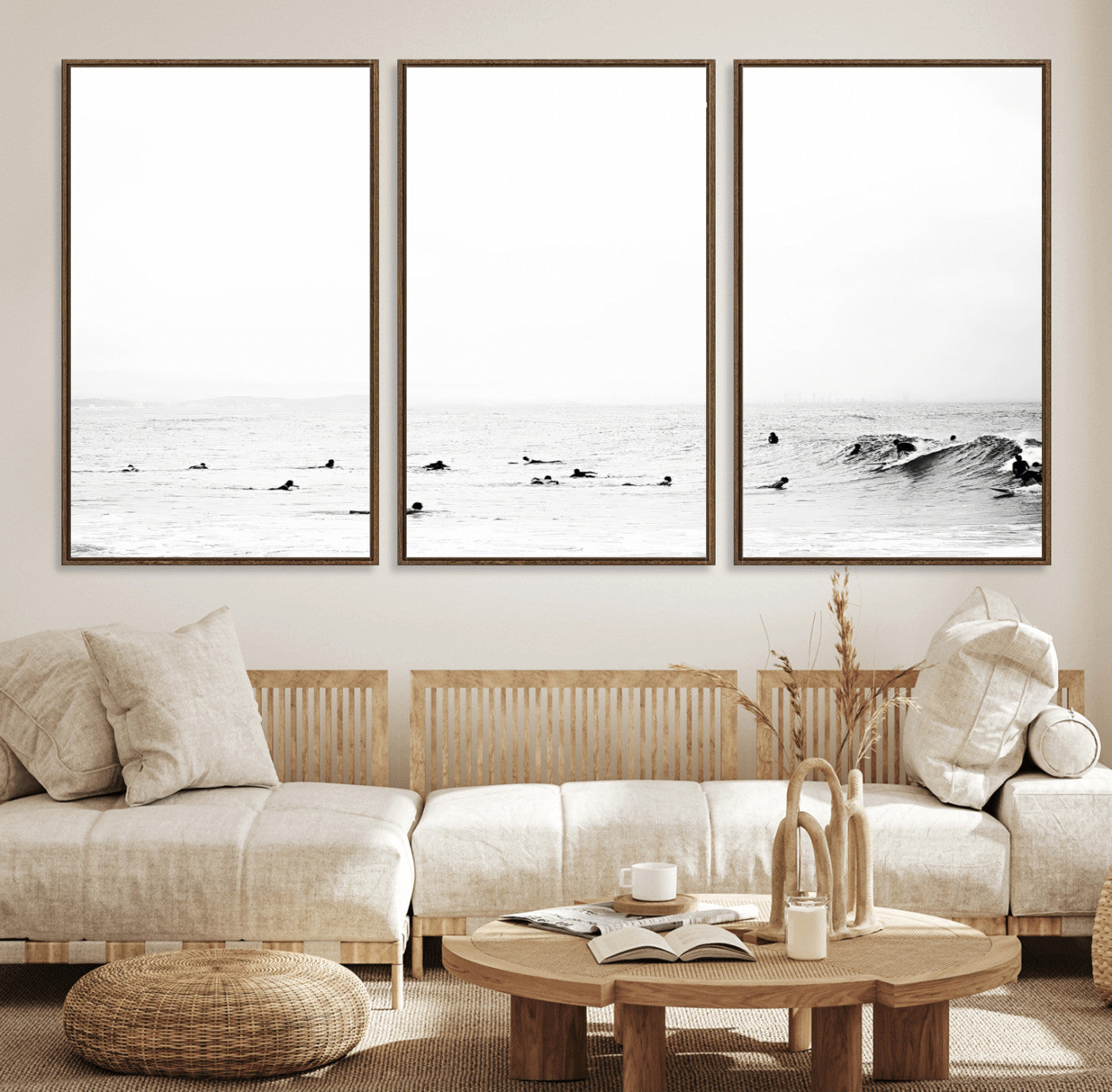 38441169-MGV-FC-60X30-3P_Walnut-Monochrome Swimming Wall Art Canvas Print, Framed Ocean Horizon Art Picture Print, Moody Coastal Perfect Minimalist Coastal Decor
