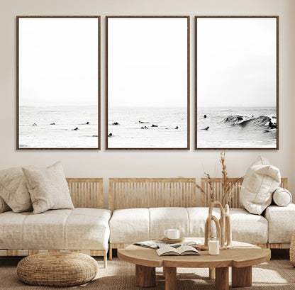 38441169-MGV-FC-60X30-3P_Walnut-Monochrome Swimming Wall Art Canvas Print, Framed Ocean Horizon Art Picture Print, Moody Coastal Perfect Minimalist Coastal Decor