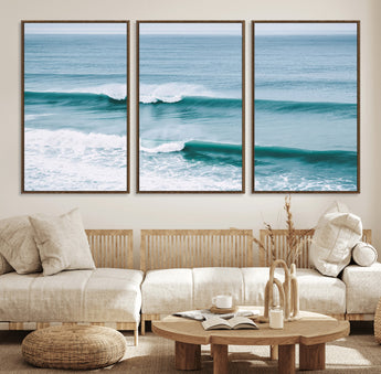 73692470-MGV-FC-60X30-3P_Walnut-Ocean Swell Wall Art Canvas Print, Framed Surf Waves Art Picture Print, Blue Water Perfect Coastal Dynamic Decor Artwork