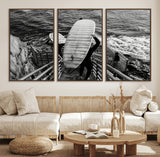 32353707-MGV-CV-36X24-Black White Surfing Wall Art Canvas Print, Framed Coastal Surfing Art Picture Print, Wave Riders Perfect Coastal Adventure Decor