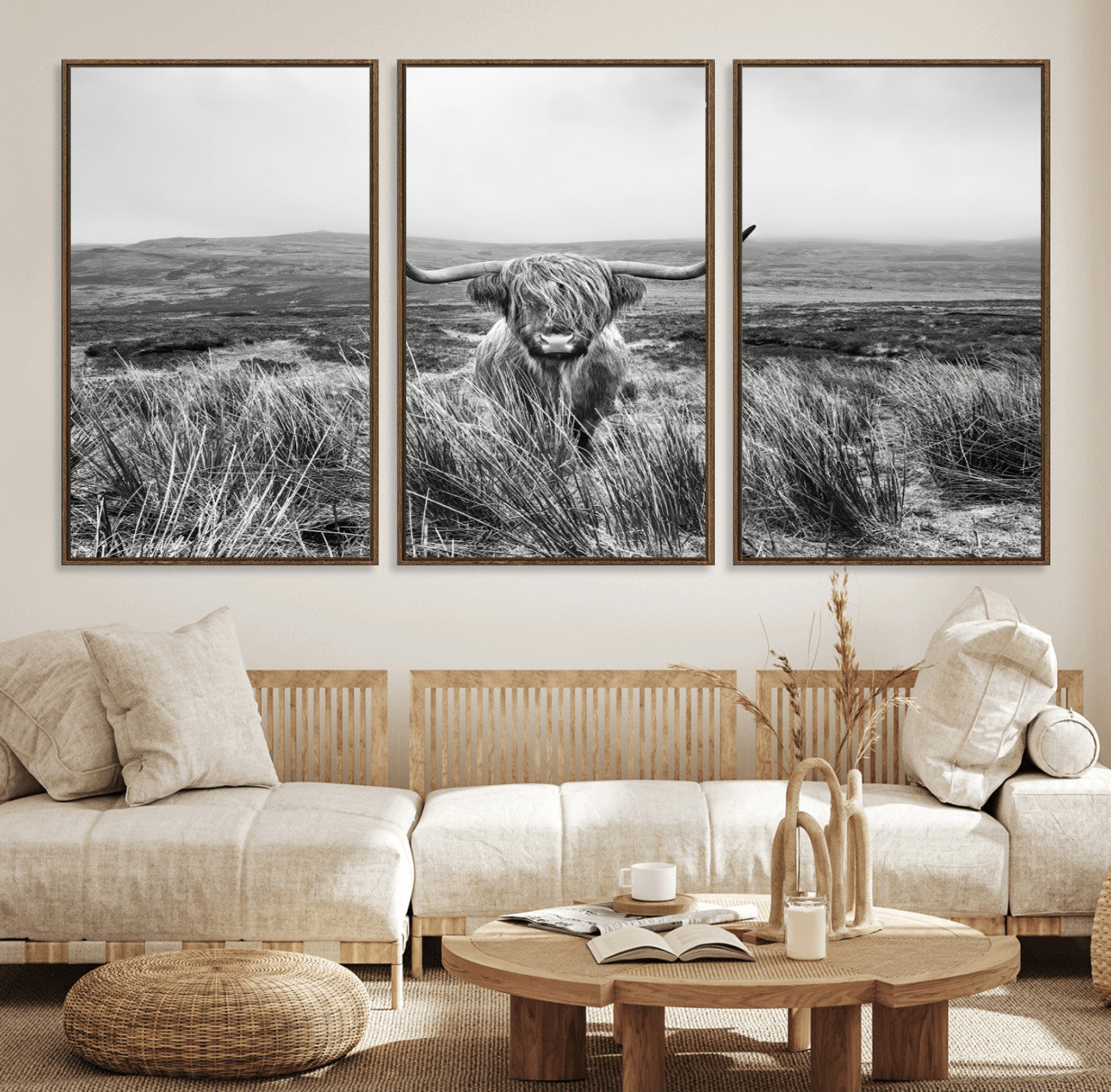 24051061-MGV-CV-36X24-Monochrome Highland Cow Wall Art Canvas Print, Framed Scottish Bull Art Picture Print, Lone Cattle Perfect Rustic Farmhouse Decor