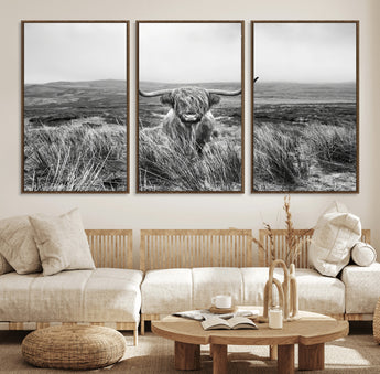 24051061-MGV-FC-60X30-3P_Walnut-Monochrome Highland Cow Wall Art Canvas Print, Framed Scottish Bull Art Picture Print, Lone Cattle Perfect Rustic Farmhouse Decor