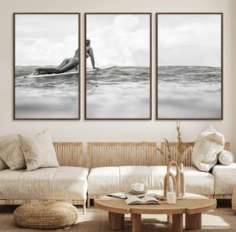 69798068-MGV-FC-60X30-3P_Walnut-Black White Surfing Wall Art Canvas Print, Framed Ocean Horizon Art Picture Print, Surfer Girl Perfect Coastal Adventure Decor