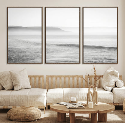 60635783-MGV-FC-60X30-3P_Walnut-Black White Seascape Wall Art Canvas Print, Framed Ocean Waves Art Picture Print, Misty Coastal Perfect Minimalist Coastal Decor