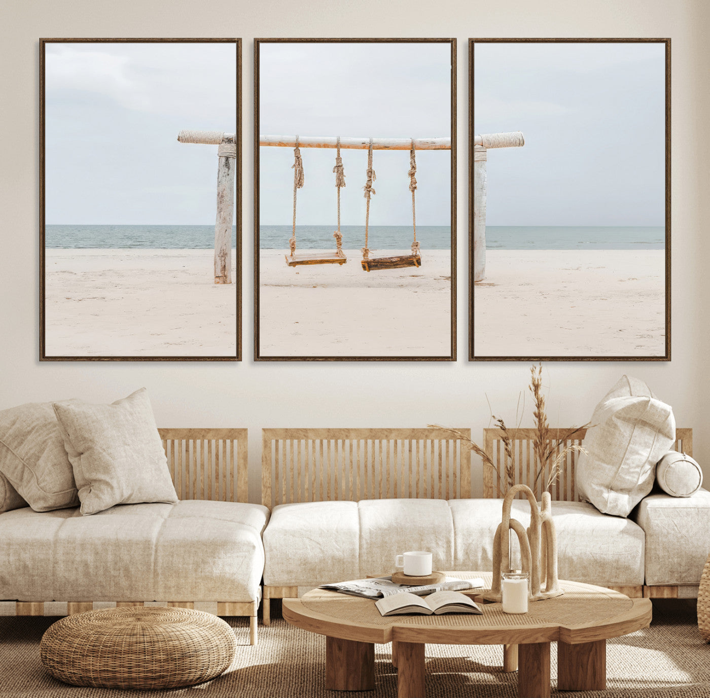 68327283-MGV-FC-60X30-3P_Walnut-Beach Swing Wall Art Canvas Print, Framed Quiet Beach Art Picture Print, Calm Shoreline Perfect Bohemian Coastal Decor Artwork