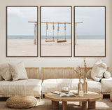 68327283-MGV-FC-60X30-3P_Walnut-Beach Swing Wall Art Canvas Print, Framed Quiet Beach Art Picture Print, Calm Shoreline Perfect Bohemian Coastal Decor Artwork