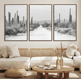 35537313-MGV-CV-36X24-Monochrome Desert Wall Art Canvas Print, Framed Cactus Path Art Picture Print, Southwestern Landscape Perfect Southwestern