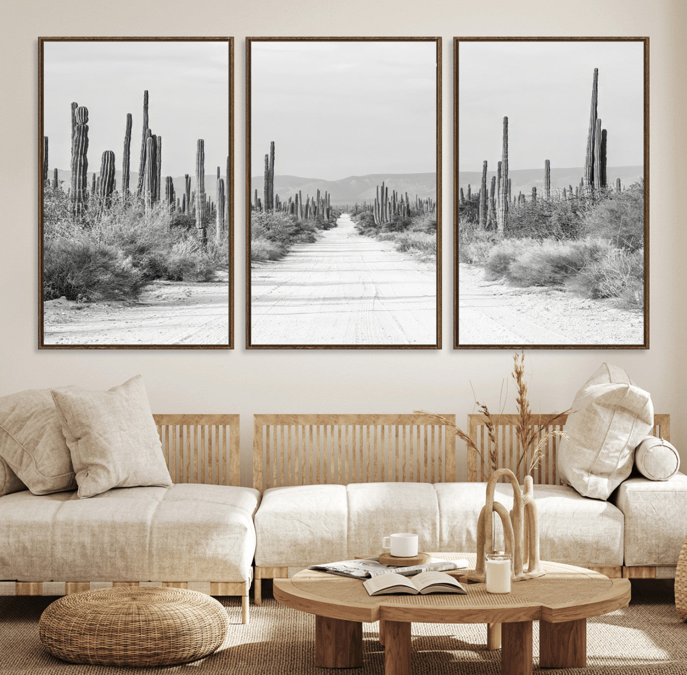 35537313-MGV-FC-60X30-3P_Walnut-Monochrome Desert Wall Art Canvas Print, Framed Cactus Path Art Picture Print, Southwestern Landscape Perfect Southwestern