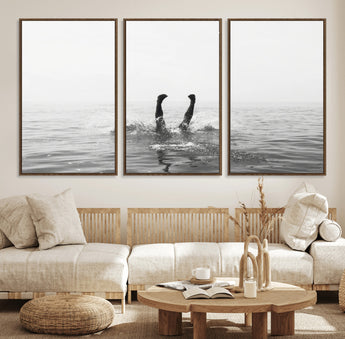 26667396-MGV-FC-60X30-3P_Walnut-Black White Ocean Wall Art Canvas Print, Framed Monochrome Water Art Picture Print, Diving into Water Perfect Minimalist Aquatic