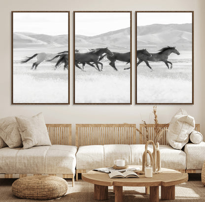 69934913-MGV-FC-60X30-3P_Walnut-Wild Horses Running Wall Art Canvas Print, Framed Black White Mustangs Art Picture Print, Rustic Western Perfect Rustic Western