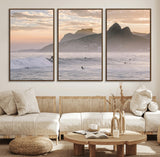 70644906-MGV-CV-36X24-Sunset Surfing Wall Art Canvas Print, Framed Misty Mountains Art Picture Print, Surfer Riding Wave Perfect Coastal Adventure Decor