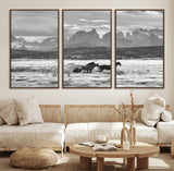 21655040-MGV-FC-60X30-3P_Walnut-Wild Horses Wall Art Canvas Print, Framed Black White Mountains Art Picture Print, Rustic Countryside Perfect Rustic Western Decor