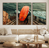 84555848-MGV-CV-36X24-Surfer Stairway Wall Art Canvas Print, Framed Ocean Surf Art Picture Print, Sunset Coastal Perfect Coastal Adventure Decor Artwork