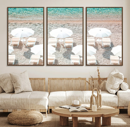 83736167-MGV-CV-36X24-Calm Beach Wall Art Canvas Print, Framed Turquoise Water Art Picture Print, Umbrella Shoreline Perfect Coastal Minimalist Decor