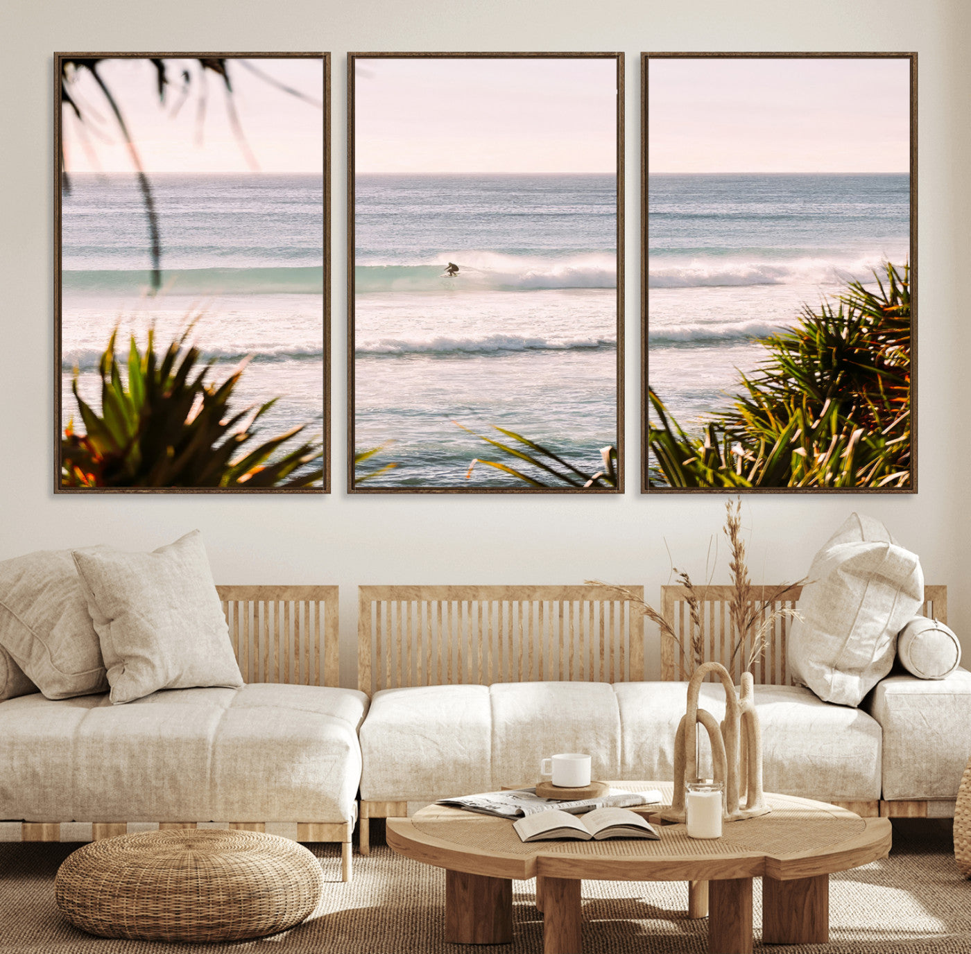 23287092-MGV-FC-60X30-3P_Walnut-Ocean Surfer Wall Art Canvas Print, Framed Coastal Surf Art Picture Print, Tropical Beach Perfect Tropical Coastal Decor Artwork