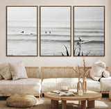 33821421-MGV-CV-36X24-Surfer Silhouette Wall Art Canvas Print, Framed Calm Ocean Art Picture Print, Monochrome Surf Perfect Minimalist Coastal Decor