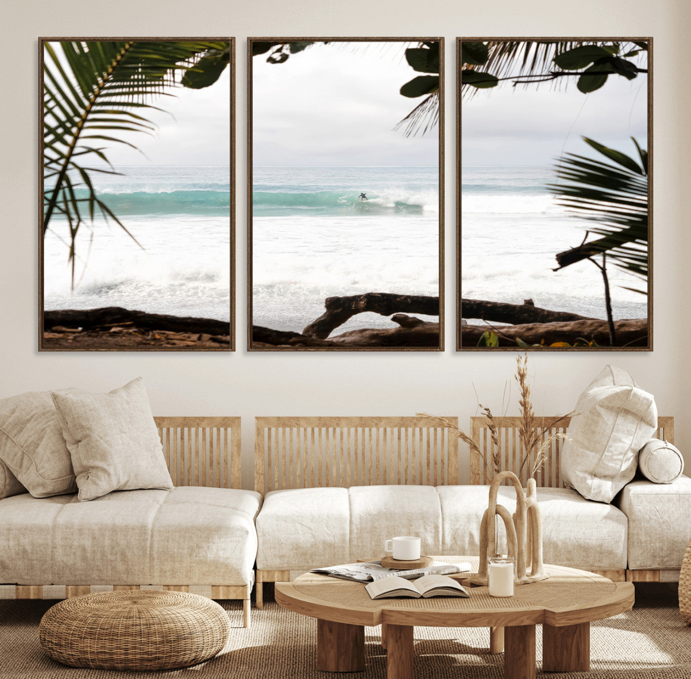 50382104-MGV-FC-60X30-3P_Walnut-Tropical Surf Wall Art Canvas Print, Framed Palm Tree View Art Picture Print, Beach House Art Perfect Boho Coastal Decor Artwork
