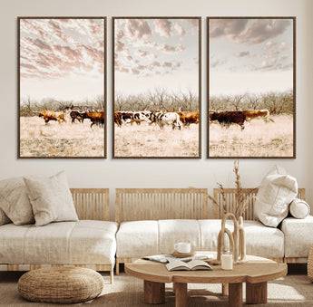 64892775-MGV-FC-60X30-3P_Walnut-Longhorn Cattle Wall Art Canvas Print, Framed Texas Ranch Art Picture Print, Western Cow Perfect Western Decor Artwork