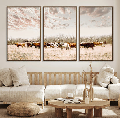 64892775-MGV-FC-60X30-3P_Walnut-Longhorn Cattle Wall Art Canvas Print, Framed Texas Ranch Art Picture Print, Western Cow Perfect Western Decor Artwork