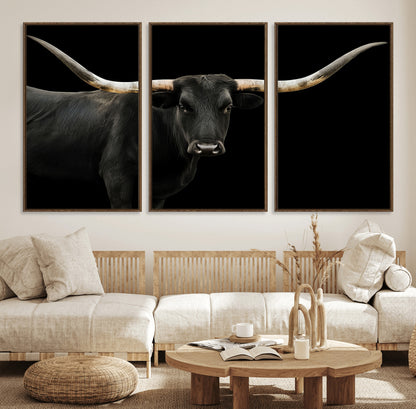 99448328-MGV-FC-60X30-3P_Walnut-Longhorn Cattle Wall Art Canvas Print, Framed Texas Ranch Art Picture Print, Western Cow Perfect Farmhouse Decor Artwork