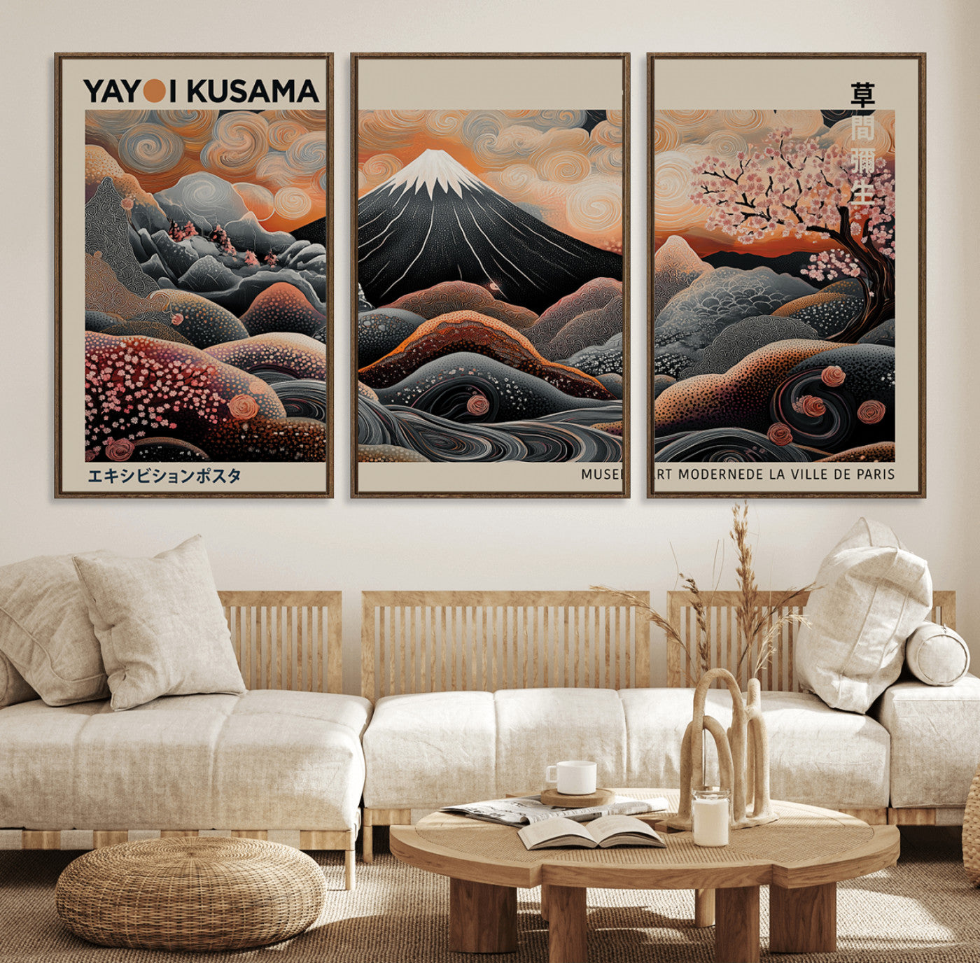 55739266-MGV-FC-60X30-3P_Walnut-Japanese Wall Art Print – Abstract Yayoi Kusama Inspired Dotted Landscape Poster, Surreal Oriental Mountain and Cherry Blossom
