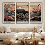 55739266-MGV-FC-60X30-3P_Walnut-Japanese Wall Art Print – Abstract Yayoi Kusama Inspired Dotted Landscape Poster, Surreal Oriental Mountain and Cherry Blossom