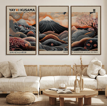 55739266-MGV-FC-60X30-3P_Walnut-Japanese Wall Art Print – Abstract Yayoi Kusama Inspired Dotted Landscape Poster, Surreal Oriental Mountain and Cherry Blossom