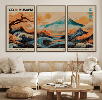 22373530-MGV-FC-60X30-3P_Walnut-Japanese Mt Fuji Wave Art Print – Ukiyo e Inspired Sun & Cherry Blossom Poster, Traditional Asian Landscape Painting, Modern
