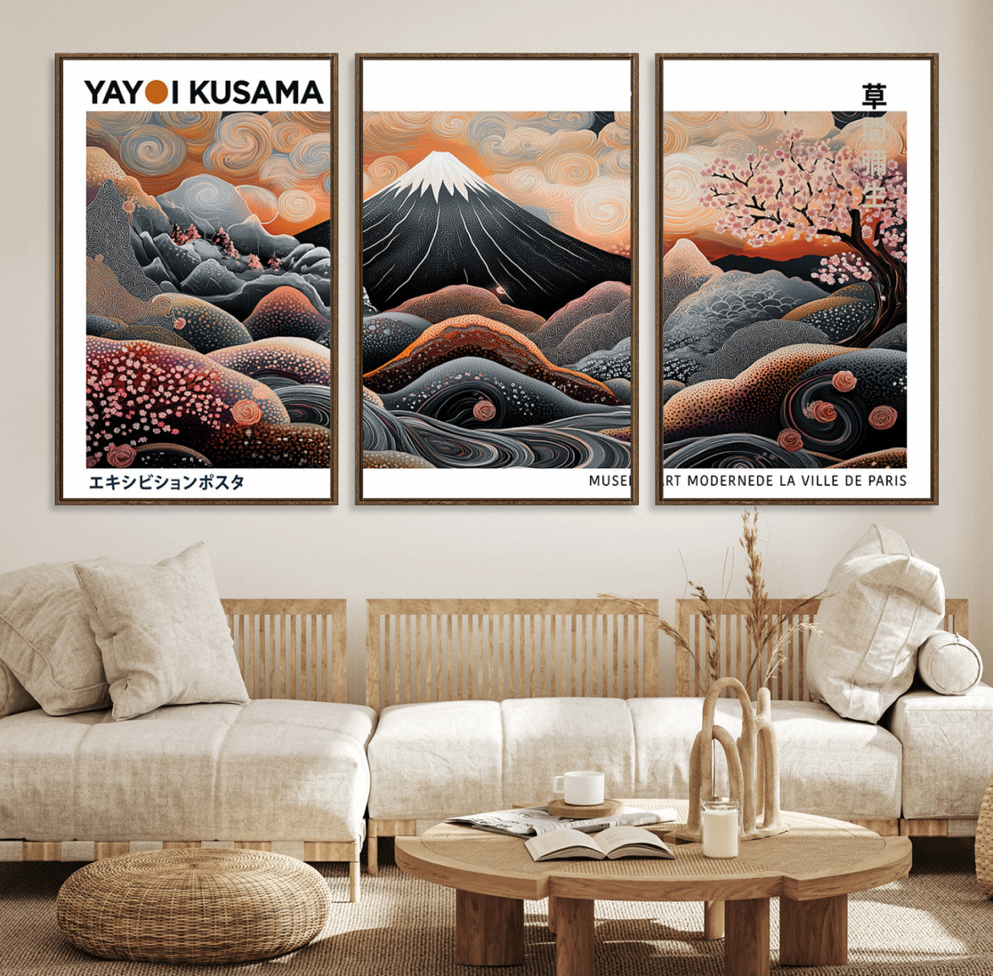 63125329-MGV-FC-60X30-3P_Walnut-Japanese Mt Fuji Wall Art – Surreal Ukiyo e Style Cherry Blossom Poster, Swirling Cloud Landscape Print, Modern Oriental Asian