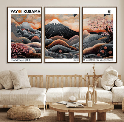 63125329-MGV-FC-60X30-3P_Walnut-Japanese Mt Fuji Wall Art – Surreal Ukiyo e Style Cherry Blossom Poster, Swirling Cloud Landscape Print, Modern Oriental Asian