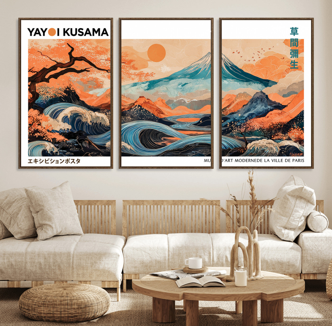 88785870-MGV-FC-60X30-3P_Walnut-Japanese Great Wave & Mt Fuji Wall Art – Ukiyo e Style Landscape Print with Flowing River, Autumn Mountain Poster, Oriental Asian