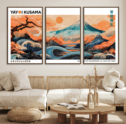 88785870-MGV-FC-60X30-3P_Walnut-Japanese Great Wave & Mt Fuji Wall Art – Ukiyo e Style Landscape Print with Flowing River, Autumn Mountain Poster, Oriental Asian