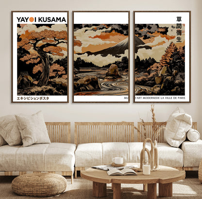 96372548-MGV-FC-60X30-3P_Walnut-Japanese Landscape Wall Art Print – Mt. Fuji Poster with Bonsai Tree & River, Ukiyo-e Inspired Modern Japanese Artwork, Autumn