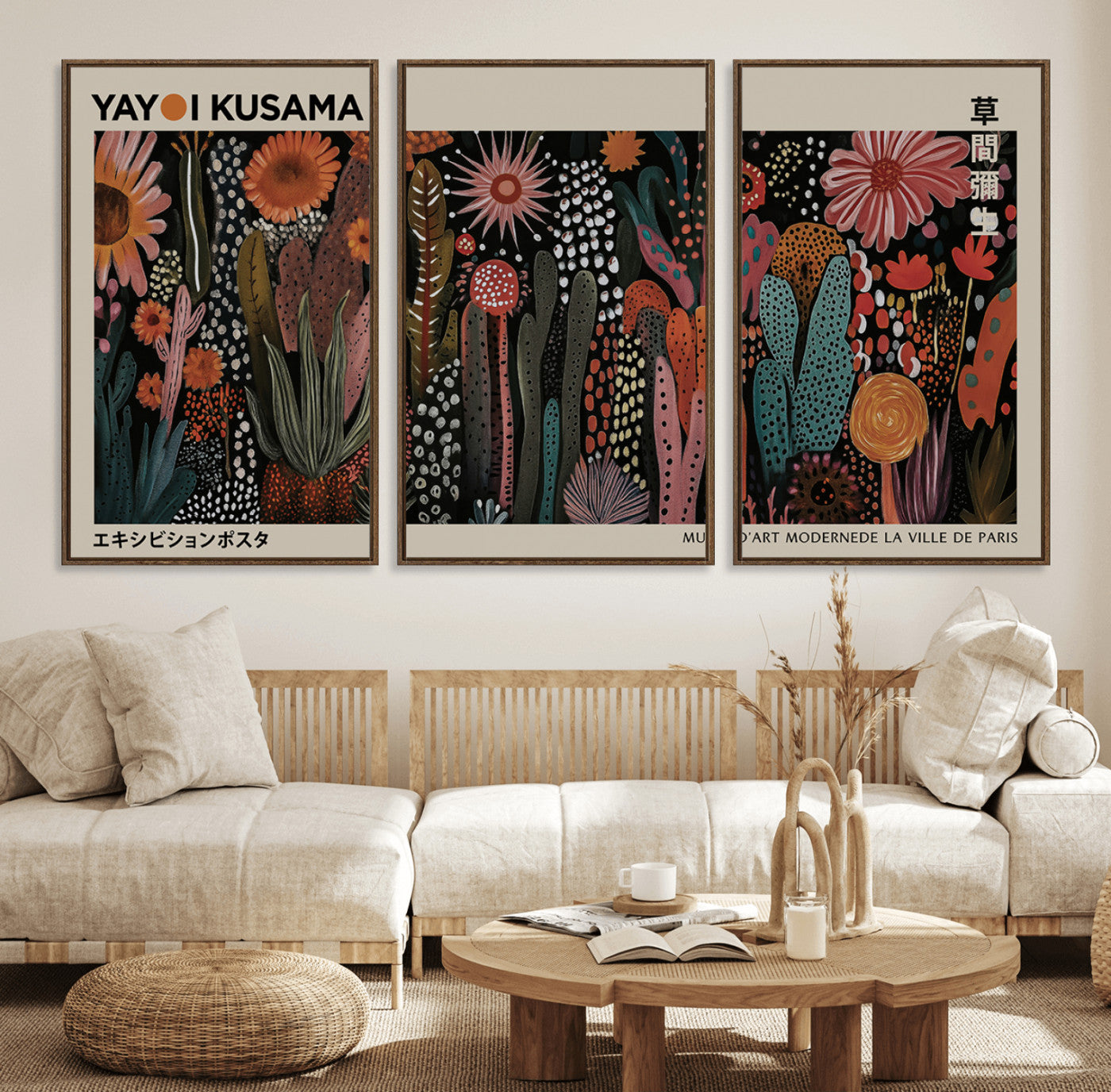 28344895-MGV-CV-36X24-Dark Floral Abstract Wall Art Poster – Modern Botanical Canvas Print with Beige Border, Kusama Inspired Boho Flower Painting,