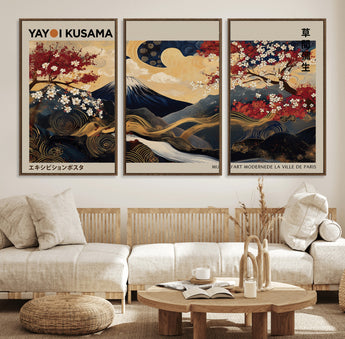 54967195-MGV-FC-60X30-3P_Walnut-Mount Fuji Wall Art – Japanese Cherry Blossom Abstract Canvas Print, Navy Gold Landscape Painting, Oriental Luxury Home Decor