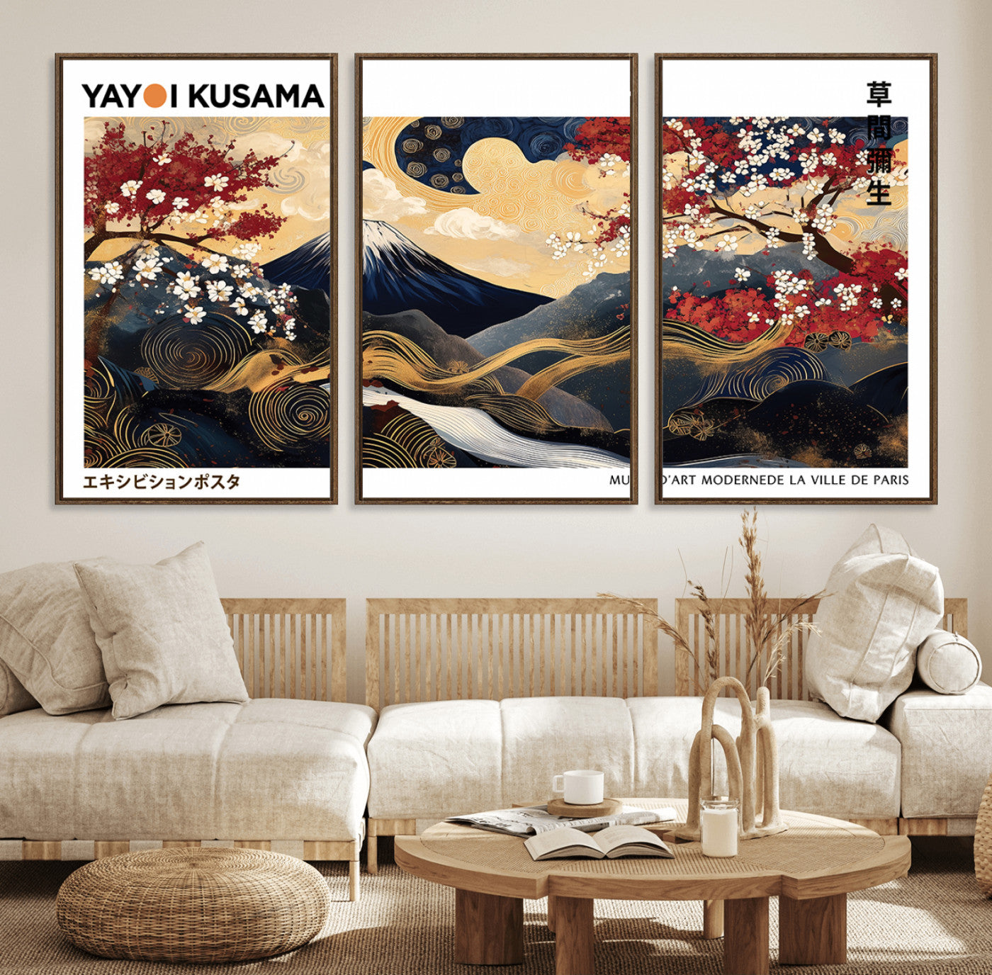 66243961-MGV-FC-60X30-3P_Walnut-Mount Fuji Japanese Wall Art – Golden Abstract Landscape Canvas Print, Cherry Blossom Painting, Modern Oriental Zen Home Decor