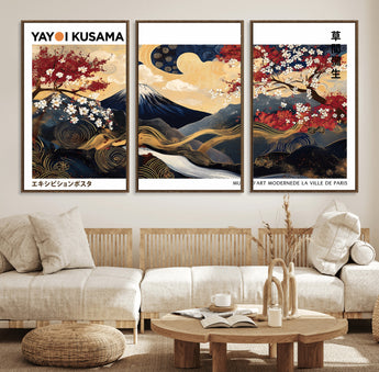 66243961-MGV-FC-60X30-3P_Walnut-Mount Fuji Japanese Wall Art – Golden Abstract Landscape Canvas Print, Cherry Blossom Painting, Modern Oriental Zen Home Decor