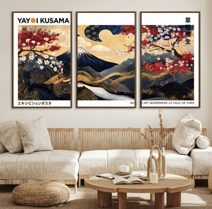 66243961-MGV-FC-60X30-3P_Walnut-Mount Fuji Japanese Wall Art – Golden Abstract Landscape Canvas Print, Cherry Blossom Painting, Modern Oriental Zen Home Decor